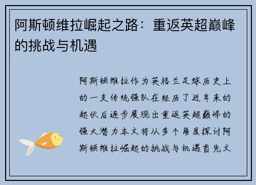 阿斯顿维拉崛起之路：重返英超巅峰的挑战与机遇